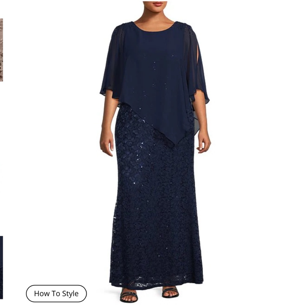 Ignite Evenings Beaded Sequin Floral Lace Caplet Gown Navy 18W